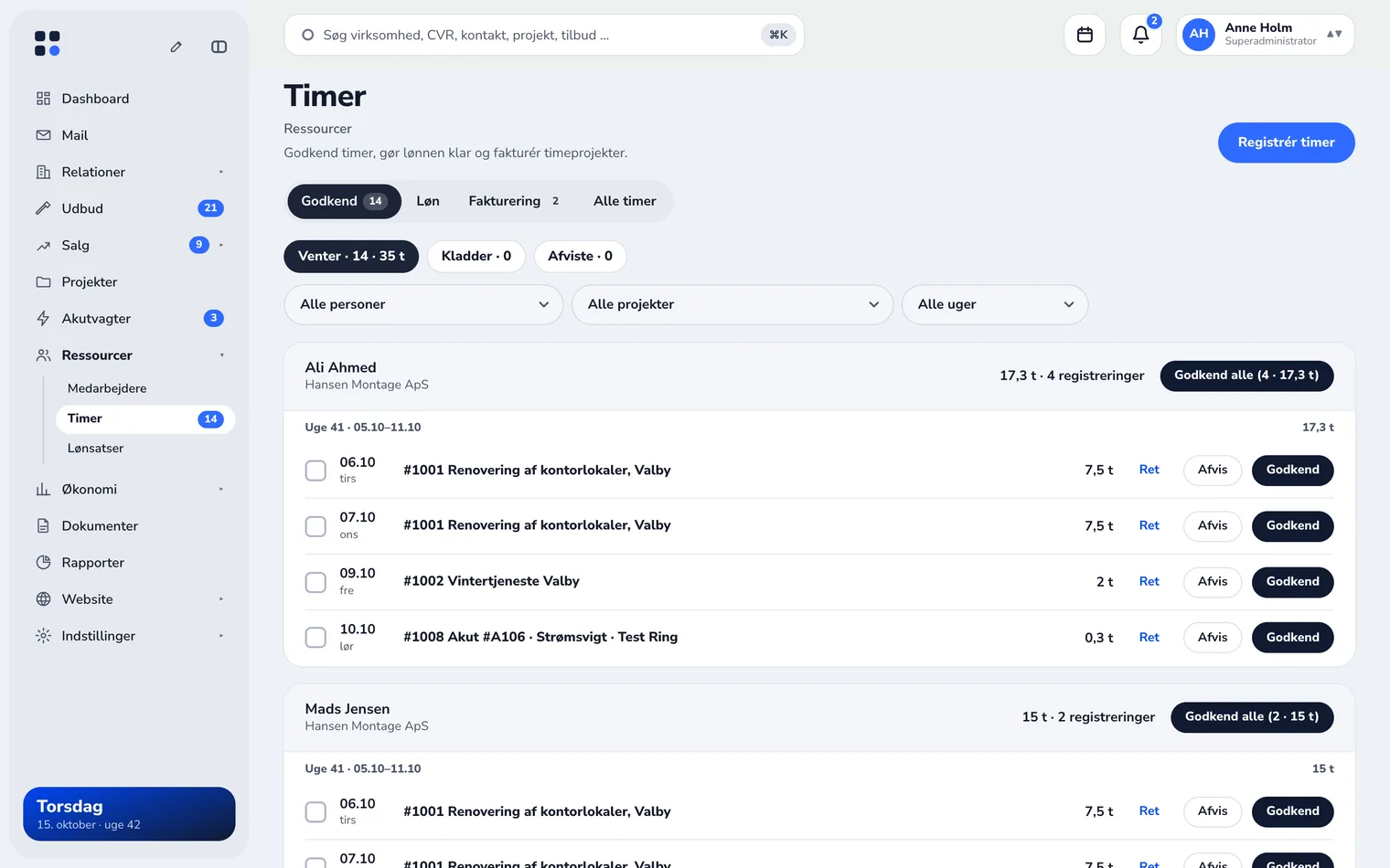 Timer og vagtplan