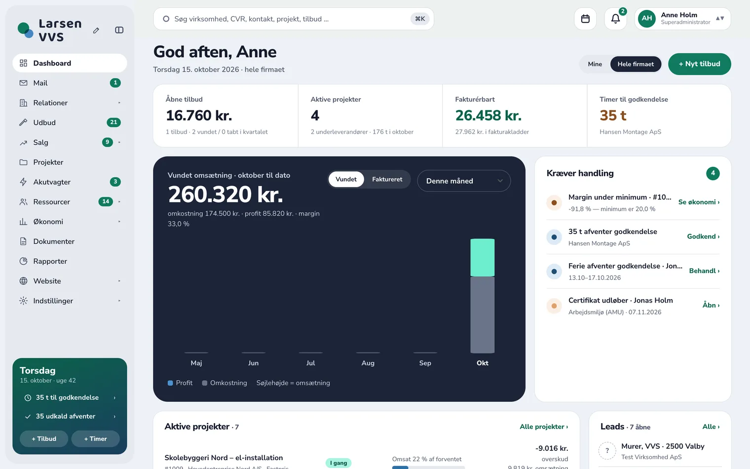 Dashboardet med Larsen VVSs eget navn og farver